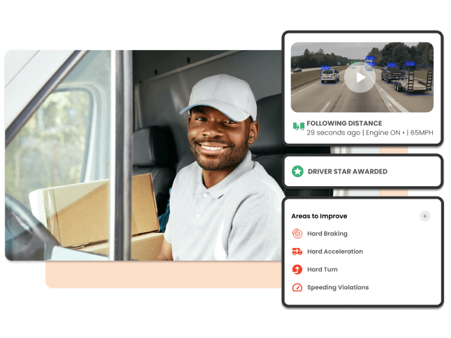 Promote Driver Score and increase driver safety | Man smiling in a semi truck cab